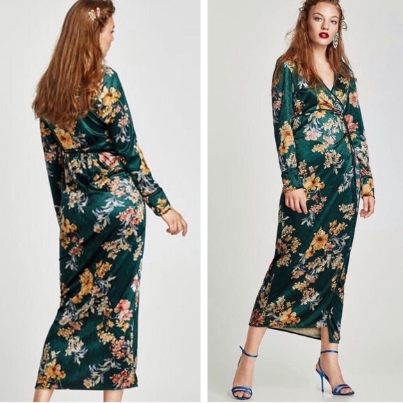 Zara Dresses & Skirts - EUC Zara Green Velvet Floral Kimono Wrap Dress
